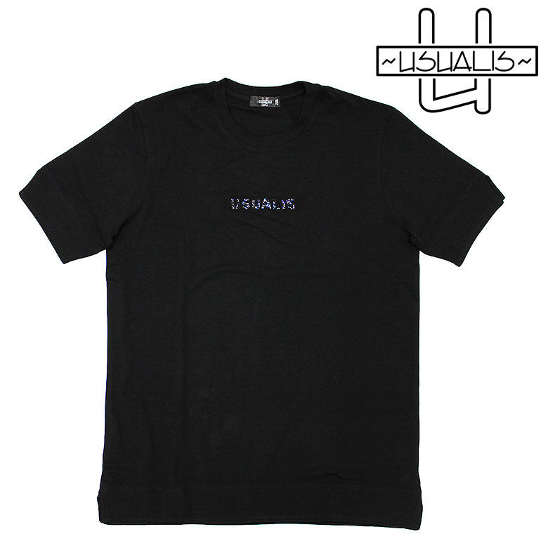 【USUALIS】ウザリス Tシャツ 半袖 カットソー RHINESTONE DESIGN S/S T-SHIRT ロゴスワロ ラインストーン パッチ メンズ イタリアブランド