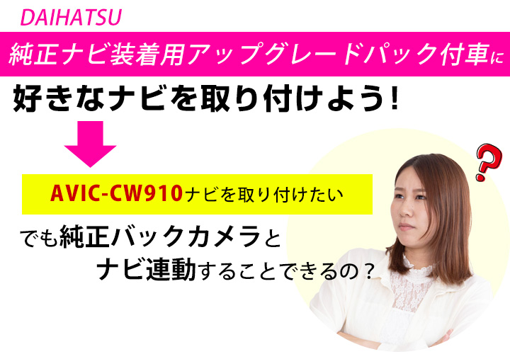 一致ナビ Avic Cw910 ダイハツ アップグレードパックホイール 背部スチールカメラ連動 パーフェクト後側カメラ 草わけ サイバーナビ ちょろいナビ ナビ接ぐ 純正カメラ連動大綱 バックカメラ バックモニタ 四輪車使い方 ナビ カメラ換える種目 車両パート 車載カメラ リア