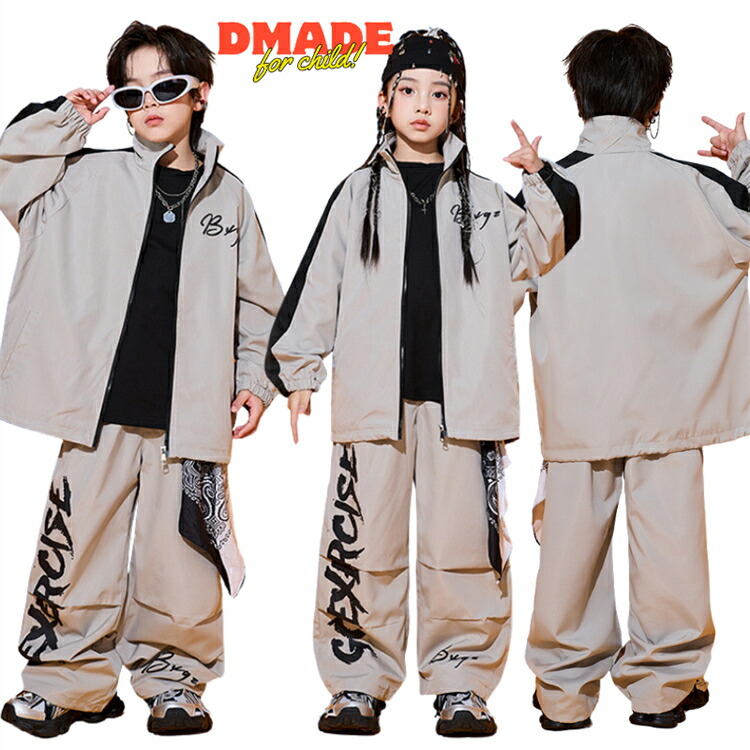 灰 キッズダンス 衣装 ヒップホップ セットアップ ウィンドブレーカー ズボン 男の子 女の子 ストリート ジャケット ロングパンツ 黒Tシャツ 韓国 原宿系 HIPHOP ダンス衣装 上下セット ジャケット ズボン キッズダンス衣装 練習着 発表会 団体服画像
