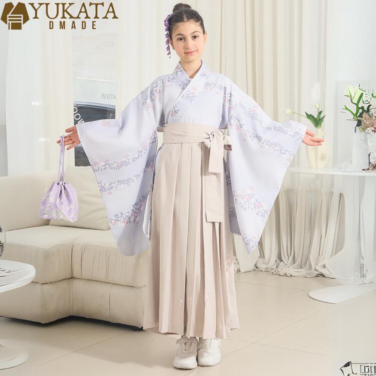 卒業式 袴 振袖 花柄 袴 女の子 はかま 行燈 販売 行灯袴 学生 学校 子供 女の子 ジュニア 学生 浴衣 袴 巾着袋 髪飾り 卒業式 謝恩会 ハカマ 入学式 振袖 コスプレ 仮装 パーティー パープル ベージュ 花火大会 夏祭り｜D MADE