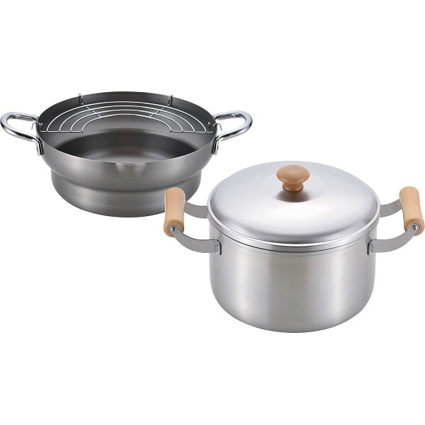 【送料無料】 千歳 鉄共柄段付き天ぷら鍋24cm&木柄深型両手鍋22cmセット CS-052 台所・日用品・収納 家庭日用品 日用品雑貨|Drink&Dream「D-Park」店