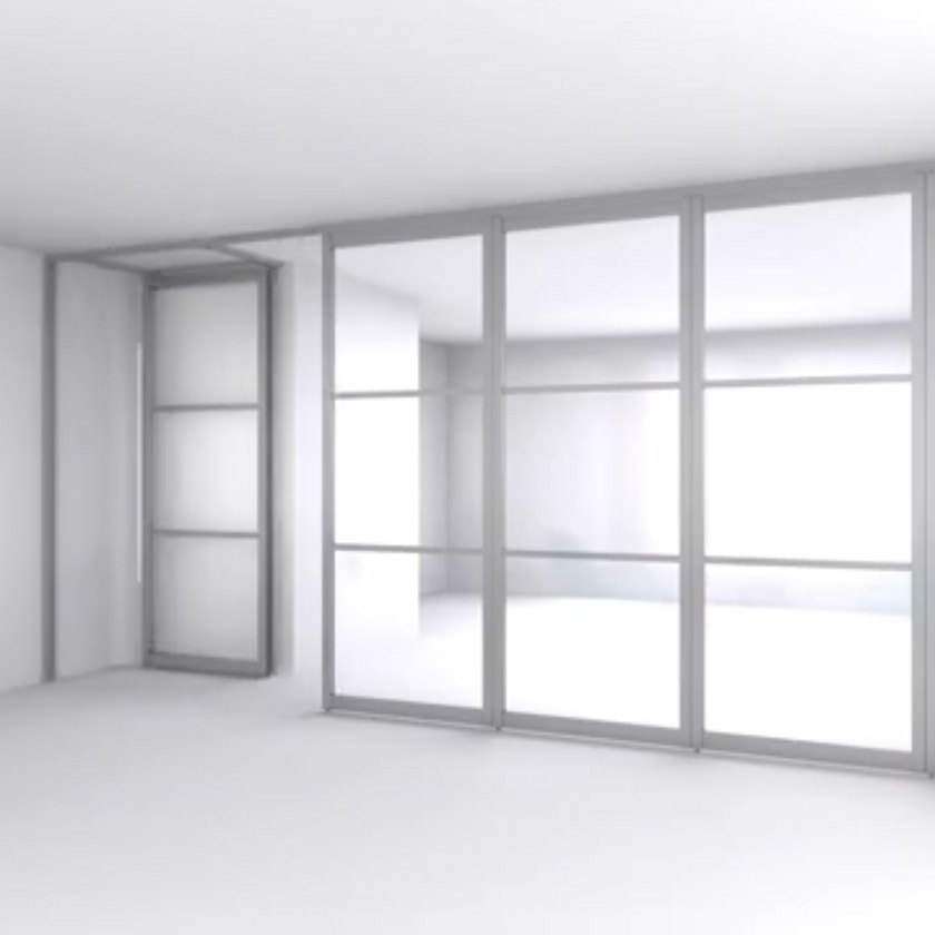 タチカワブラインド PLACE 間仕切り▼プレイス 移動収納+開き戸出入り(平行納まり) ノンレール(上吊り)▼パネルデザイン(E) フレームなし【製品幅パネル5枚 3649～4548×製品高さ1901～2200mm】