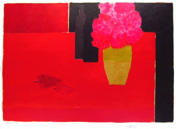 ベルナール カトラン リトグラフ １９８８年 赤いテーブルの紫陽花と赤
