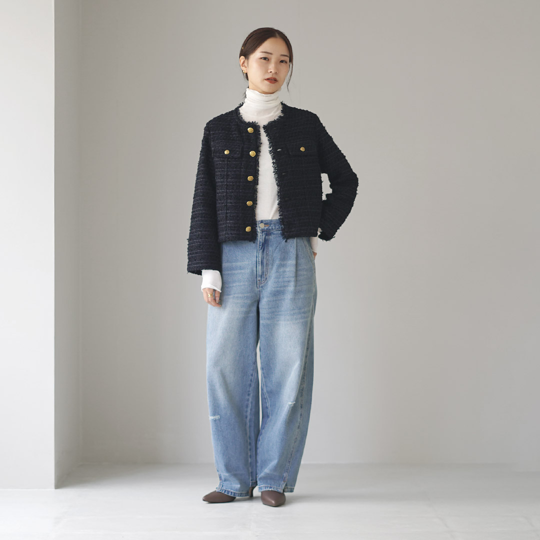 30％OFF】COOHEM（コーヘン） ノーカラー ニットツイードジャケット