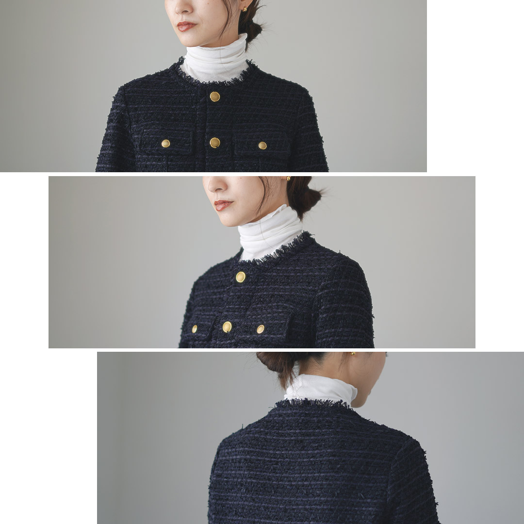 COOHEM ノーカラージャケット 38 ツイードジャケット 米富ツイード