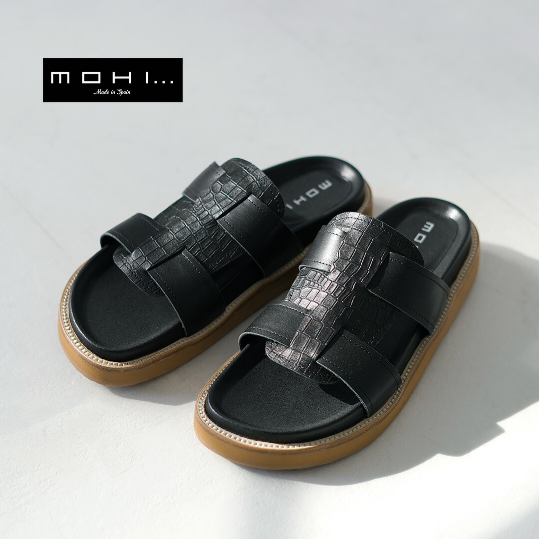 【30％OFF】【動画あり】MOHI（モヒ） クロコエンボス スライドサンダル / レディース フラット 牛革 本革 つっかけ 厚底【セール】