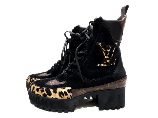 ［PR］【美品】LOUIS VUITTON ルイ・ヴィトン MA0169 ローリエート・ライン アンクルブーツ 37.5 スエード&times;モノグラムキャンバス&times;ハラコ ブラウン&times;ブラック シューズ レディース 女性用 ブランド 黒 茶色 レオパード ヒョウ柄 希少 レア プレゼント ギフト ビトン｜大貴～DAIKI