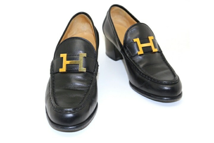 ラウンド ローファー 中古 大黒屋 Hermes エルメス ローファー レディース37 約24cm ブラック レザー コンスタンス シューズ Hロゴ ゴールド 金具 0 Telcoserv Gr