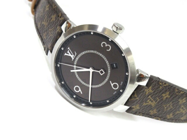 21激安通販 モノグラム マカサー Qa005 ブラウン クォーツ 電池 メンズ ｓｓ ステンレス 革 434 中古 大黒屋 スリム Vuitton ルイ ヴィトン 時計 ウォッチ タンブール 送料無料 Louis