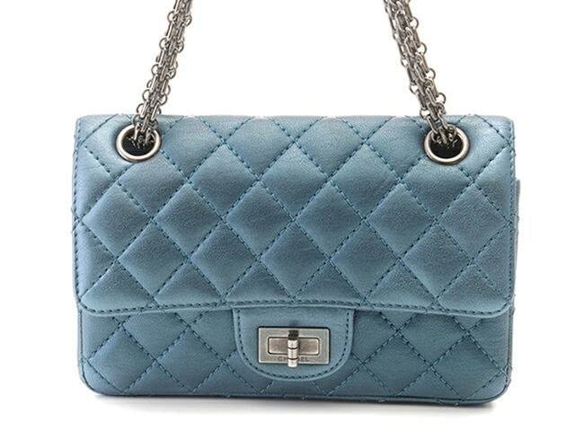 CHANEL シャネル 御徒面子 2.55 ミニマトラッセ20 Wチェーン店肩先  ショルダーバッグ なめし革  メタリックブルー/しろがね色金具 レディース【中古】 バッグ・小物・ブランド雑貨-ショルダーバッグ・メッセンジャーバッグ