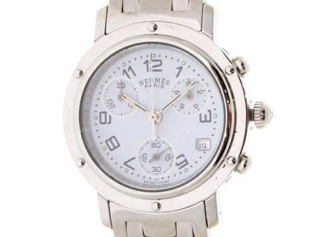 HERMES エルメス ウォッチ クリッパークロノ 時計 CL1.310 腕時計 ステンレススチール SS ホワイト クオーツ レディース【中古】|質屋 大黒屋
