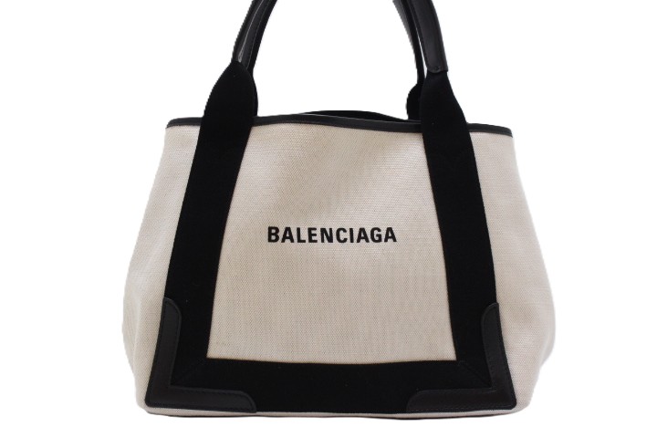 BALENCIAGA バレンシアガ バッグ ネイビーカバスS キャンバスバッグ 339933 ハンドバッグ キャンバス/レザー ホワイト/ブラック レディース【中古】460