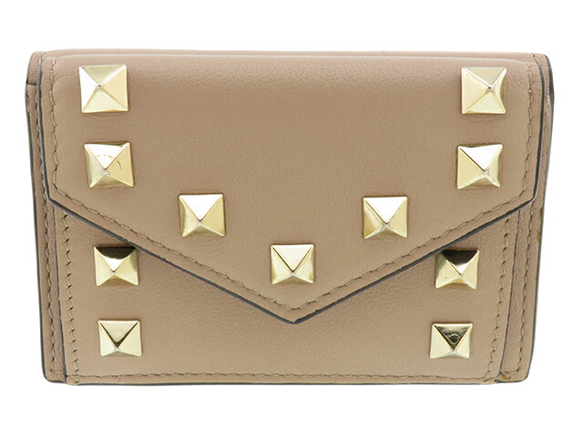 VALENTINO　ヴァレンチノ　ロックスタッズ コンパクトウォレット　三つ折り財布　レザー　ベージュ　214810404874【中古】