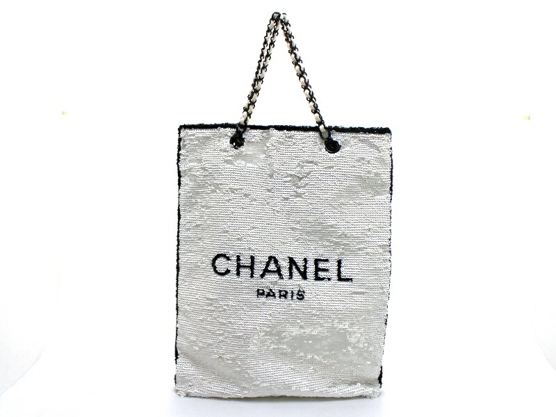 CHANEL シャネル 御徒面子 ロゴスパンコールショッピングチェーンバッグ スパンコール/レザ- ﾊﾞｯｸﾞ AS4856 トートバッグ スパンコール/なめし革 白いこと/黒いこと レディース【中古】【200】