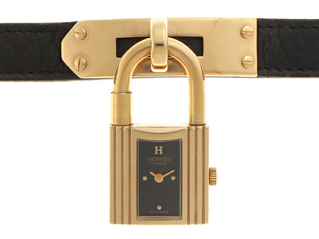 HERMES エルメス 御覧なさる ケリーウォッチ 時辰儀 KE1.201 ウォッチ GP GP/なめし革 黒いこと 石英 黒いこと文字記号盤 レディース【中古】