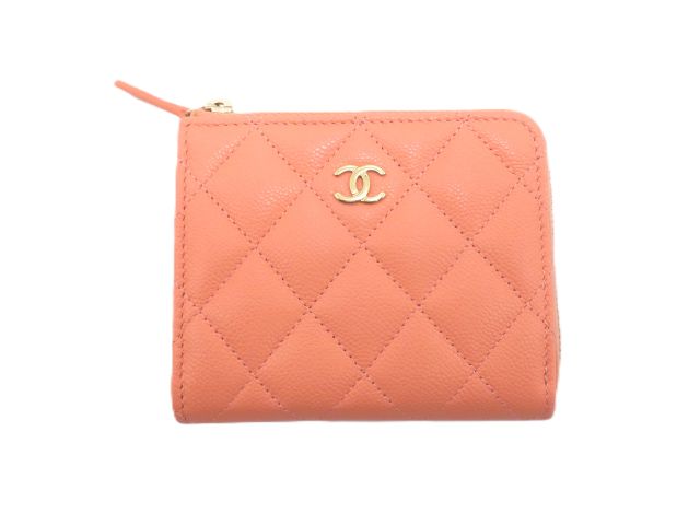CHANEL シャネル 御徒面子 マトラッセ L型ZIP金入れ コーラルさくら色/GP キャビアひと肌 ｻｲﾌ･小物 コインケース キャビアひと肌 さくら色 レディース【中古】431