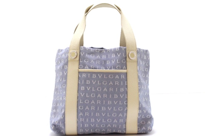 BVLGARI ブルガリ バッグ ロゴマニア トートバッグ ライトブルー/アイボリー キャンバス/レサ バッグ トートバッグ キャンバス/レザー ライトブルー/アイボリー ユニセックス【中古】|質屋 大黒屋