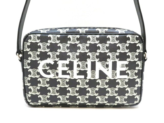 CELINE セリーヌ トリオンフ ミディアムメッセンジャーバッグ 黒いこと/白いこと PVC/子ウシ【中古】【430】2148104119230
