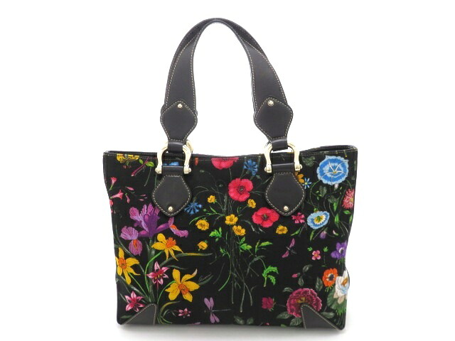 GUCCI グッチ 花柄 トートバッグ 153024 ハンドバッグ キャンバス レザー ブラック レディース【中古】【473】|質屋 大黒屋