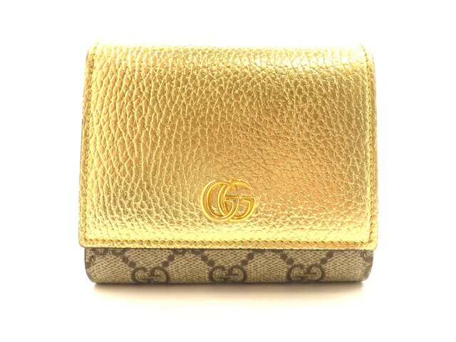 GUCCI グッチ 紙入れ ダブルG/スプリーム ミディアムウォレット ゴールド/ベージュ ｻｲﾌ･小物 598587 二つ折り紙入れ なめし革/上塗り帆布 ベージュ レディース【中古】