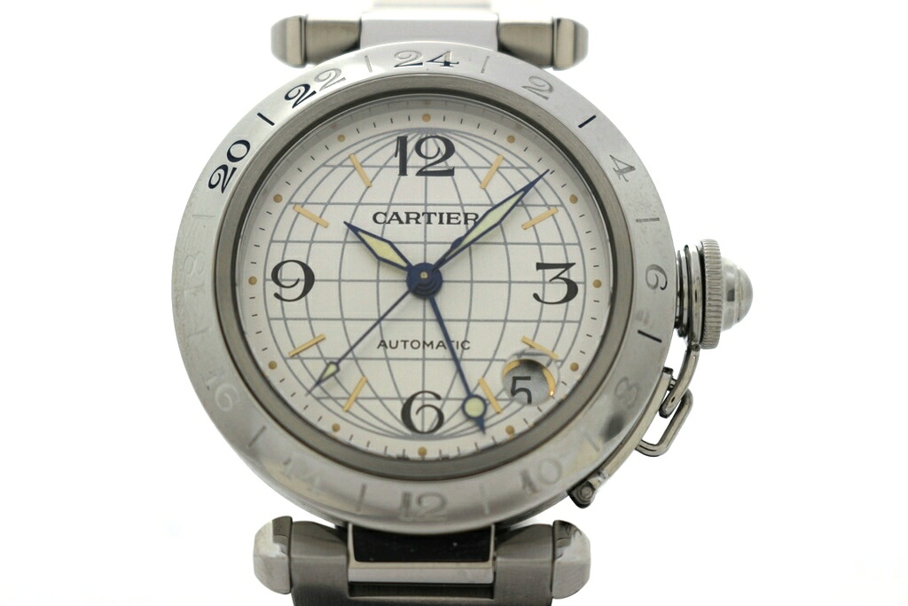 Cartier カルティエ 時辰儀 パシャC メリディアンGMT しろがね色 ユニ一発やる 自動小銃一巻き OH/みがき上げる済み 【200】2148103884023 【中古】