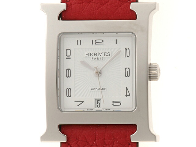 HERMES エルメス H御覧になる HH2.510 ウオッチ ステンレス鋼/なめし革 自動小銃一巻き 白いこと文字記号盤 メンズ【中古】473