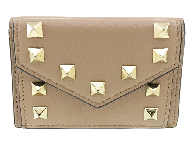 VALENTINO　ヴァレンチノ　ロックスタッズ コンパクトウォレット　三つ折り財布　レザー　ベージュ　214810404874【中古】【207】｜質屋　大黒屋