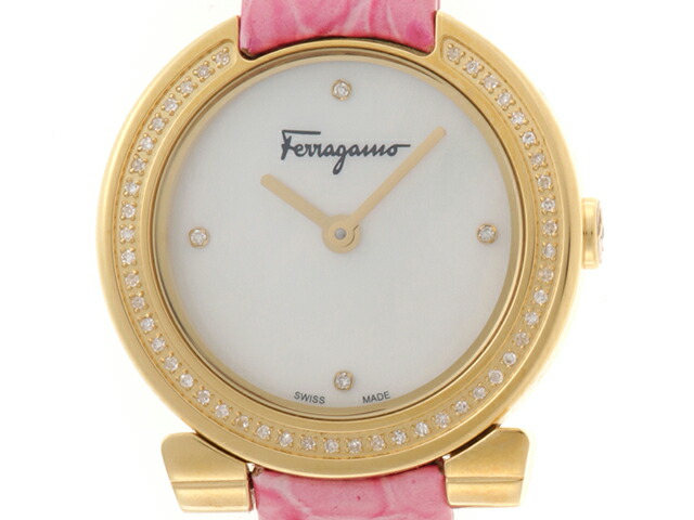 Salvatore Ferragamo サルヴァトーレフェラガモ 御覧なさる ガンチーニ 【205】 時辰儀 FAP050016 ウォッチ ステンレス鋼スチール写真/なめし革/金剛石 サクラ色 石英 外殻文字記号盤 レディース【中古】