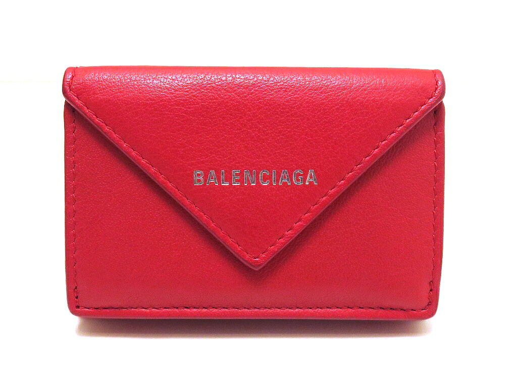 BALENCIAGA バレンシアガ 紙入れ つづり方 ミニウォレット 赤いこと なめし革 391446 三つ折り紙入れ 子ウシ 赤いこと レディース【中古】