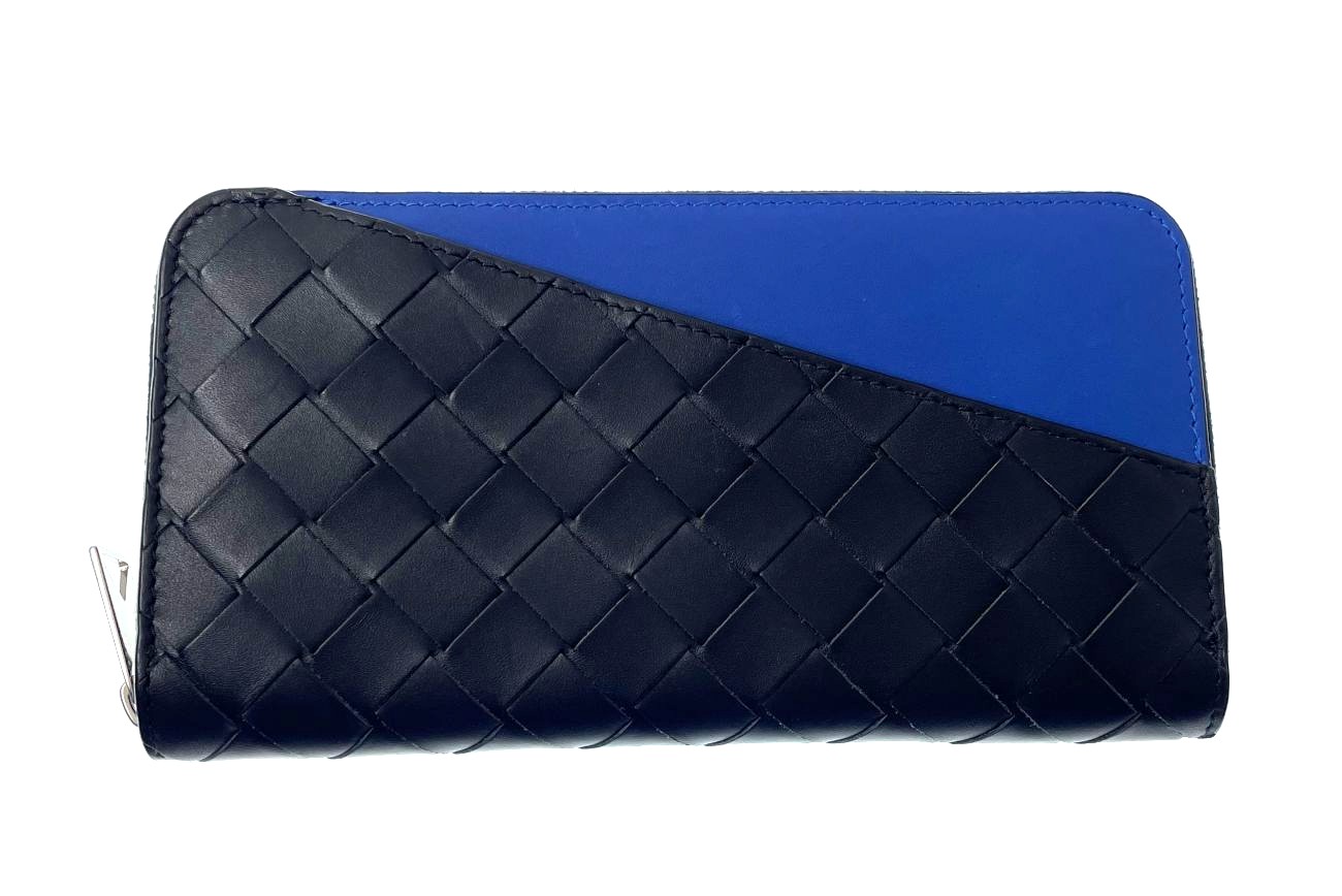 BOTTEGAVENETA ボッテガヴェネタ バッグ イントレチャート ラウンド長財布 ブラック/ブルー レザー ｻｲﾌ･小物 長財布 レザー ブラック メンズ【中古】433｜質屋　大黒屋