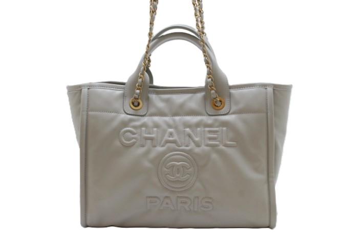 CHANEL シャネル ドーヴィルMM AS3351 2wayトートバッグ レザー ライトグレー/ゴールド金具 レディース【中古】460|質屋 大黒屋