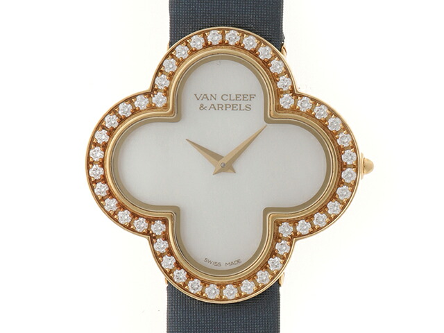 Van Cleef & Arpels ヴァンクリーフ&アーペル アルハンブラ ミディアムモデルウォッチ VCARF52800 腕時計 K18イエローゴールド K18YG/本革/ダイヤモンド ホワイト クオーツ ホワイトシェル文字盤 レディース【中古】471|質屋 大黒屋
