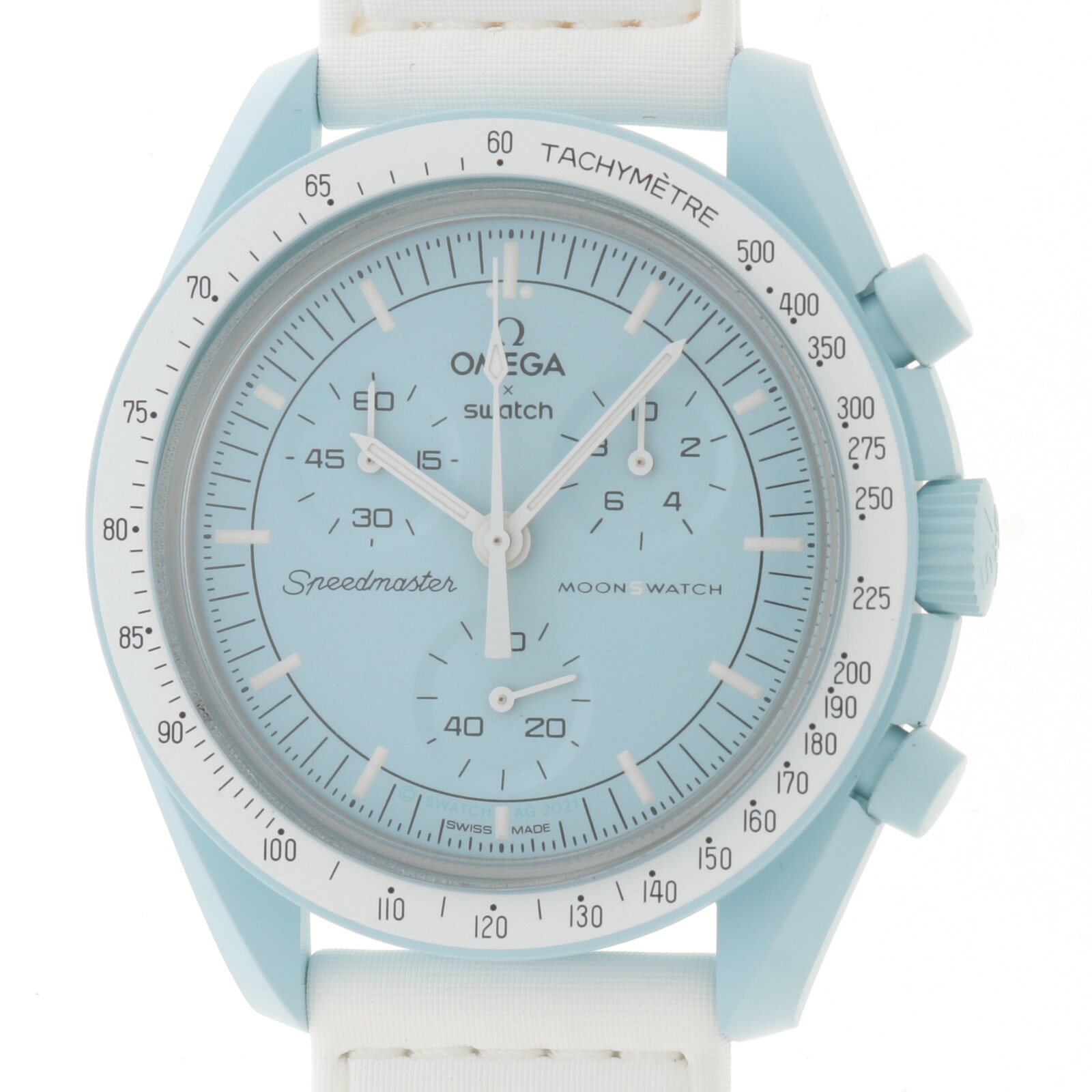 Swatch スウォッチ &times; OMEGA オメガ MOONSWATCH MISSION TO URANUS SO33L100 腕時計 ナイロン/バイオセラミック クオーツ ライトブルー文字盤 メンズ【中古】460｜質屋　大黒屋