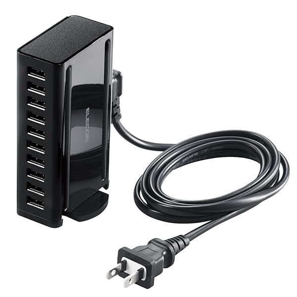 USB充電器 60W (合計最大出力) USB-A×10 【 iPhone15/ Android / 各種タブレット 対応 】 ACケーブル付属 1.5m EC-ACD04BK