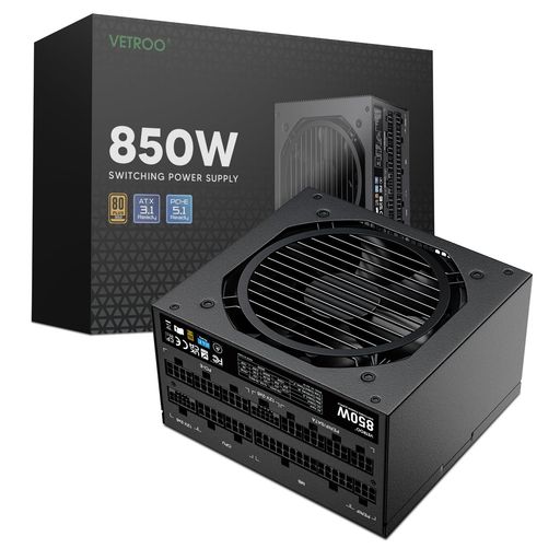 vetroo850wワット数デュアルpcie5.1atx3.1相応う、80plusgoldフルモジュラー、静音動くこと、120mmfdb愛読者、10年引き請ける-黒いこと