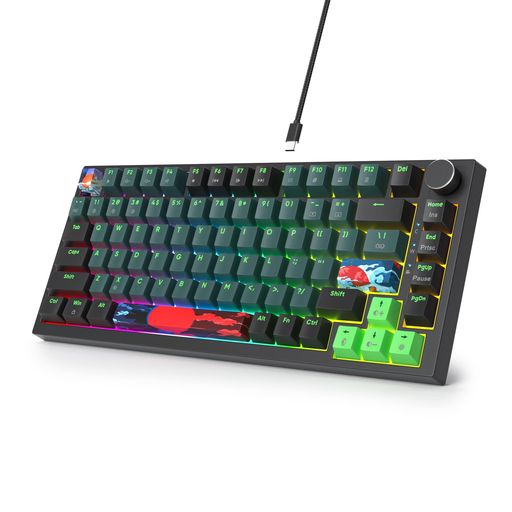 ワイヤードガスケット75%機械式キーボード、ホットスワップ可能、赤軸、RGBバックライト、82キーTKL機械式キーボード、NKROコンパクトUSレイアウトゲーミングキーボード、音量調整つまみ(…