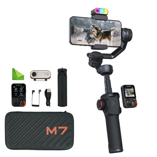 hohemM7AIトラッキングスマートフォンジンバル3軸電話スタビライザー、1.4インチフルカラータッチスクリーン、マグネット、フィルライト、iPhone&Androidビデオ録画用延長ポール付き