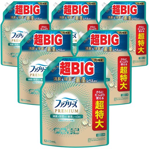 ファブリーズ 消臭スプレー PREMIUM 消臭+除菌成分最高レベル配合 衣類・布製品用消臭剤 清潔なランドリーの香り 詰め替え 超特大 1240mLx6袋 [ケース品]｜アクアデイリーストア