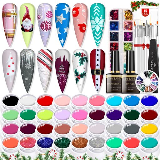 Saviland56点ネイルアートキット用ジェルペイント:36色ジェルペイントベースとトップコート15本ネイルブラシネイルデコレーションネイルペイント用ネイルマニキュアツールネイルアートデ…