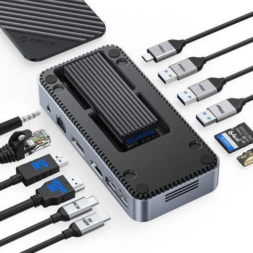 ORICO12-in-1USBCハブM.2SSDケース【工具不要】ドッキングステーション内蔵ファン付き10GbpsUSB-C&USB-Aポート、HDMI&DP、ギガビットイーサネット、100W