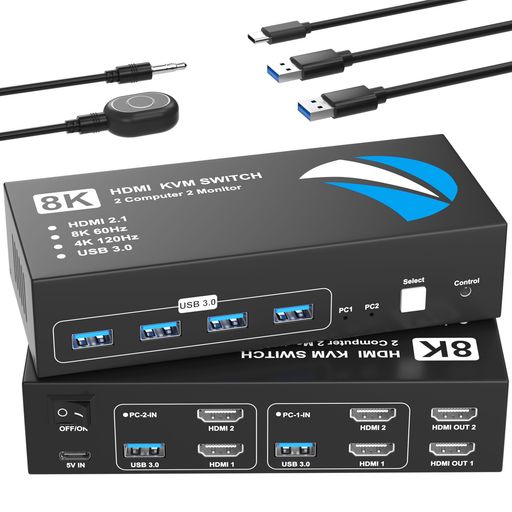 KVMスイッチHDMI2入力2出力8K@60HzKVM切替器パソコン2台モニター2台切り替え5Gbps4つのUSB3.0ポートキーボード/マウス/プリンター/他のデバイス対応パソコン切替機PC切替機USB切替器