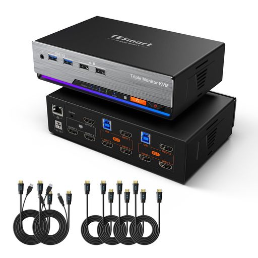 TESmart2入力3出力HDMIKVMスイッチUSB3.04K@60HzKVM切替器2台パソコン3台モニター切り替え器1000MbpsLANポート充電対応ホットキーEDID機能L/Rオーディオポートリモコン、入力ケーブル付き