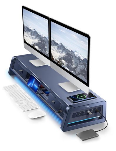VAYDEER 金属製デュアルモニタースタンド スマホ専用置き場付き モニター台 8つのUSBポート、2つの引き出し、LEDライトストリップ付き 机上台 2モニター用 デスクオーガナイザー PCおよびiMac&hellip;｜アクアデイリーストア