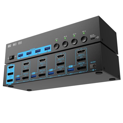 8KKVMスイッチ4PC3モニター、ANXQQKVM切替器HDMI+DPポート、ミラー/拡張モード対応、8K@30Hz/4k@144HzKVMSwitch、4台のUSB