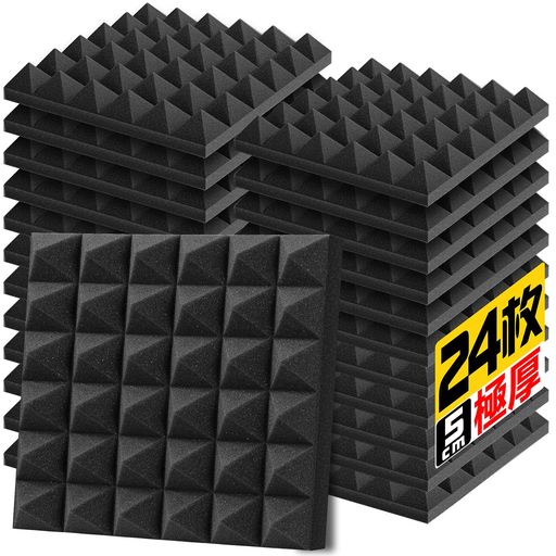 YOPIN吸音材30*30*5cm極厚ウレタンフォーム吸音対策室内装飾楽器消音騒音防音吸音パネル両面テープ付き(2.16m2(24枚)黒(ピラミッド形))