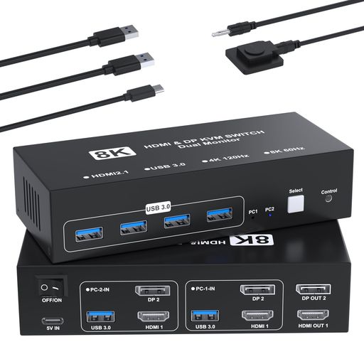 8K@60HzHDMI+DisplayPortKVM取り替えっこ2インプット2最終生産物マイコン2台管する2台KVMうつり変わり器マイコン2台管する2台切り替え4つのUSB3.0界面鍵盤/二十日鼠/印刷機/他のデバイス相応うマイコンうつり変わり機マイコン