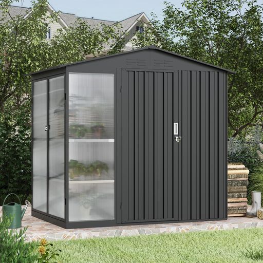 【グレー?温室付き】OSJ物置屋外スチール可動棚倉庫戸外収納庫W180D121H180cmおしゃれ大型防さび防水ドア付きロック付きガーデニング庭ベランダ用