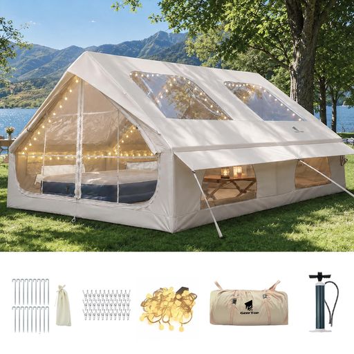 Geer Top エアーテント 大型 インフレータブルテント ロッジ型 4~8人用 12m2 煙突穴 大天窓付き 空気入れ付き 設営簡単 通気 オールシーズン アウトドア ファミリーキャンプ BBQ 観戦 防災|アクアデイリーストア
