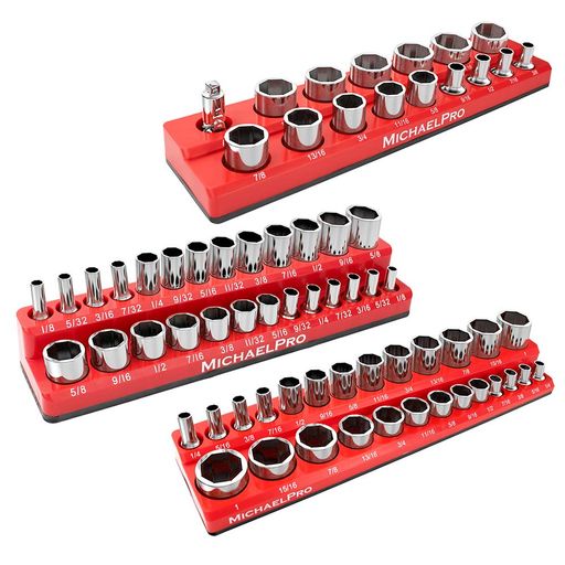 MichaelPro磁石式ソケットオーガナイザー1/4in3/8in1/2in運転SAE標準尺度物の具ボックス席/押し入れ用赤いこと3点書き割りMP014003