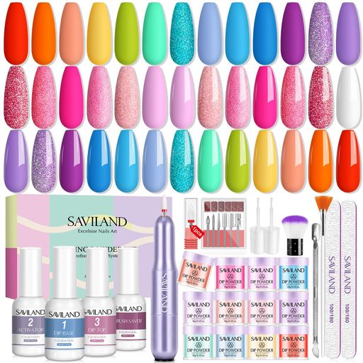 Savilandディップパウダーネイルキットドリル付き-20色夏用ディップネイルパウダースターターキットディップパウダー液体セットディッピングシステムベーストップコートアクティベータ…